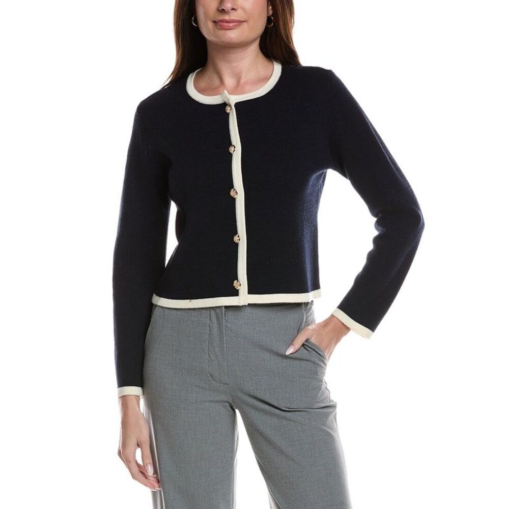 Bruno Magli Womens Tipped Merino Wool Cropped Jacket, Navy